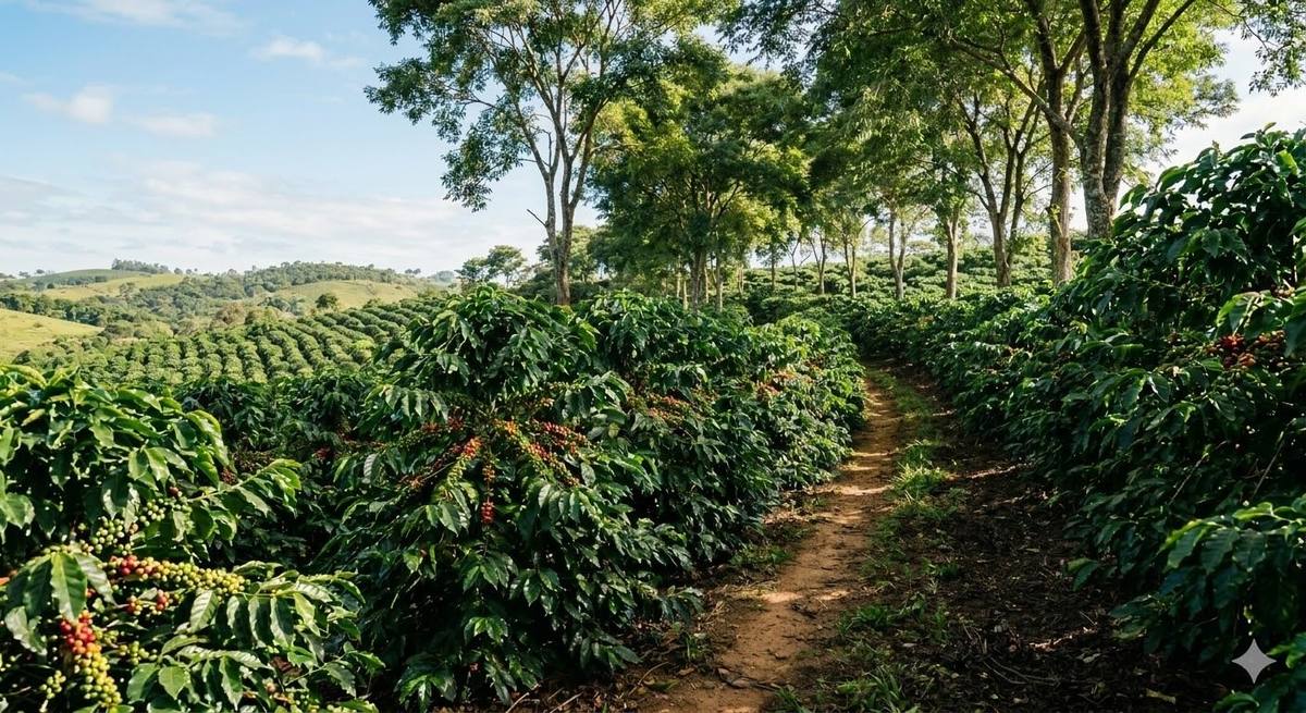 Lavoura de café arborizada com cerejas maduras ao fundo
