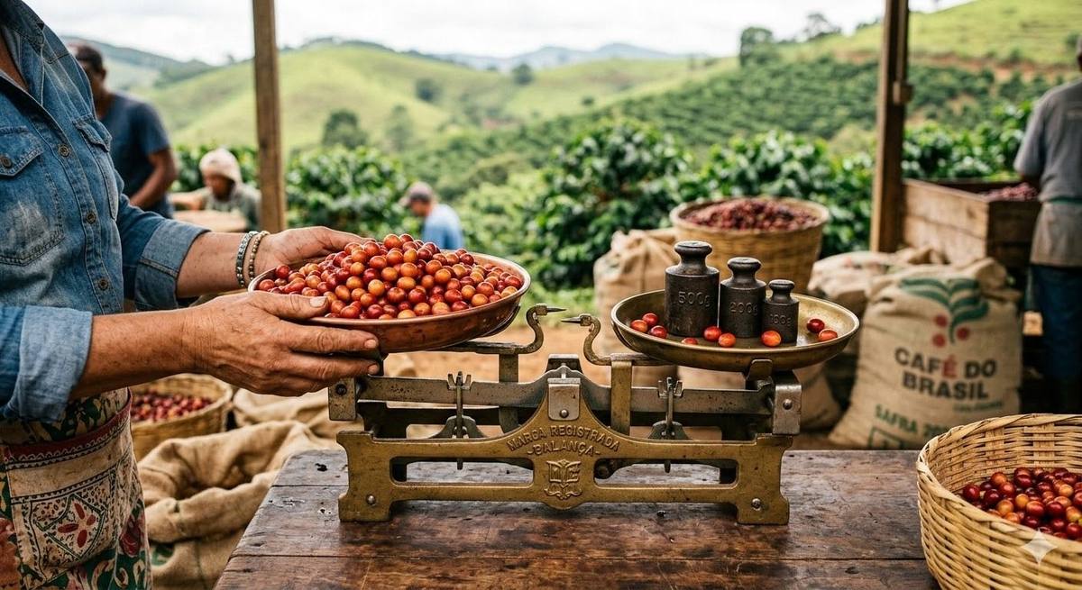 Cerejas de café sendo pesadas em uma balança