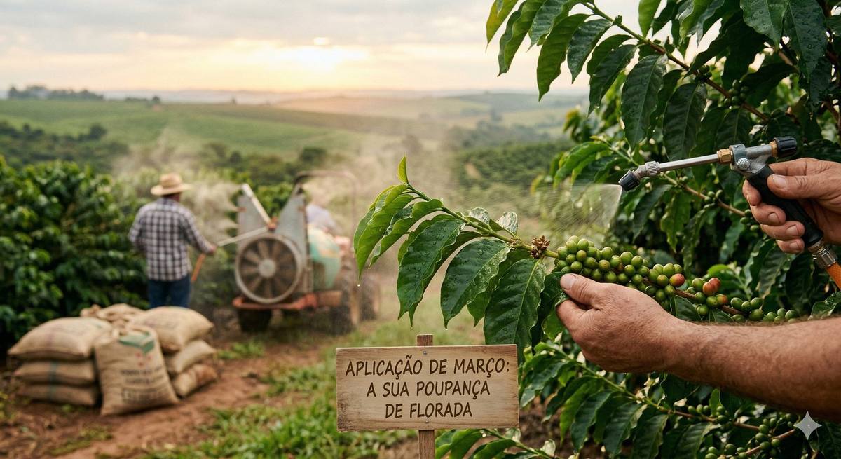 Aplicação foliar de março na lavoura de café ao amanhecer