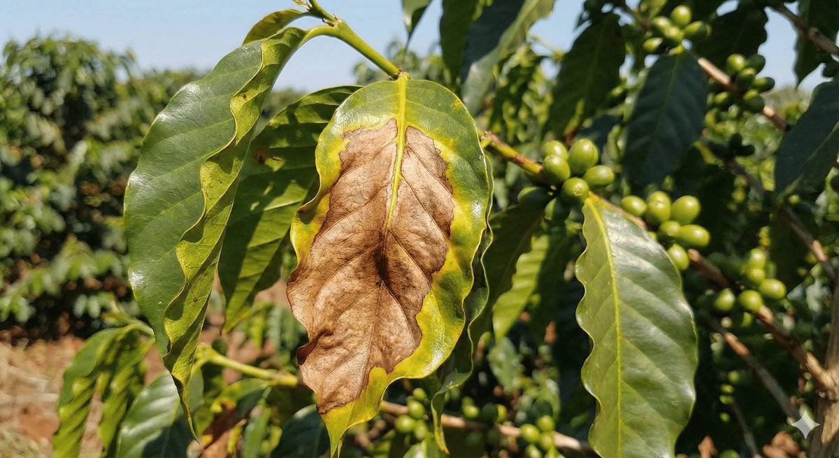 Folha de café com escaldadura causada por estresse térmico