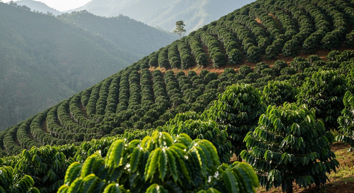 Lavoura de café adensada em encosta de montanha no Sul de Minas