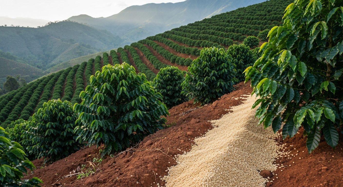 Lavoura de café de montanha no Sul de Minas com adubo aplicado na projeção da saia entre as linhas