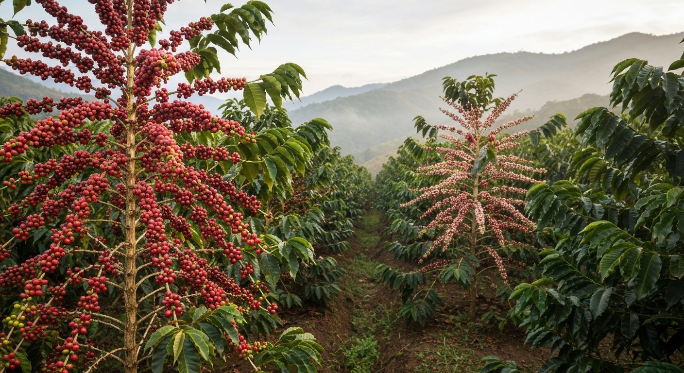 Lavoura de café de montanha no Sul de Minas com pés carregados de cereja em encosta