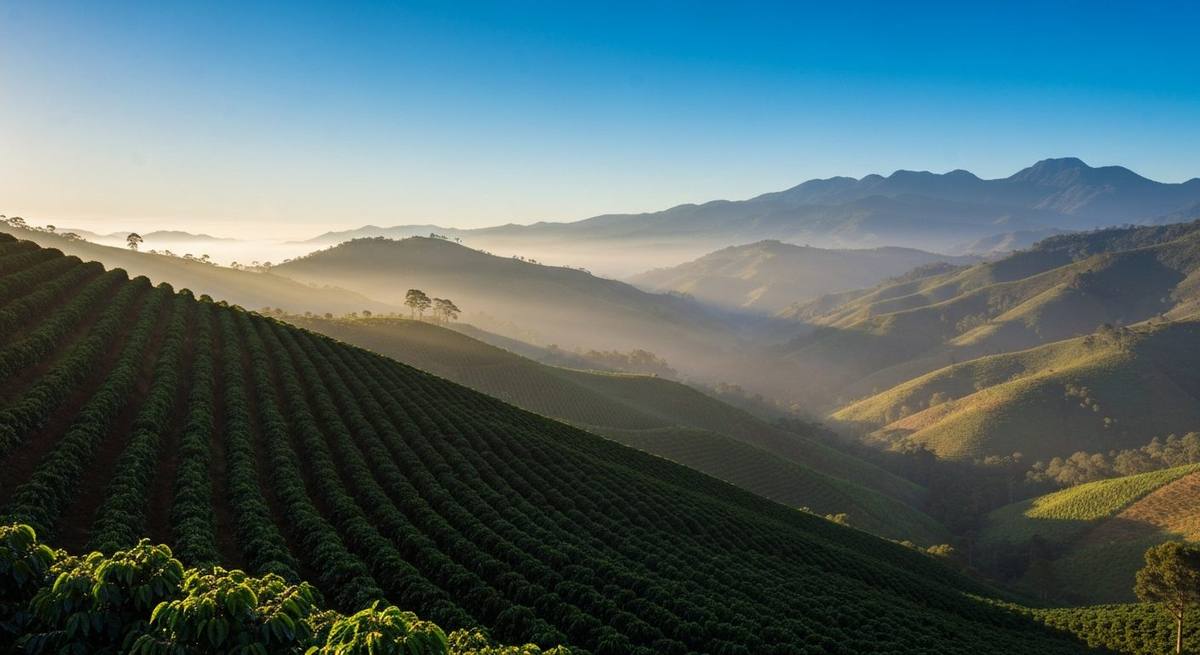 Folhas de cafeeiro em lavoura de montanha no Sul de Minas com sinais de praga