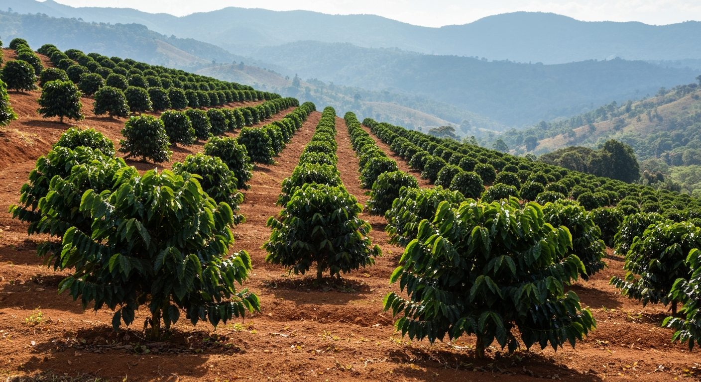 Lavoura de café de montanha no Sul de Minas em período seco, folhas resistindo sob sol forte na encosta