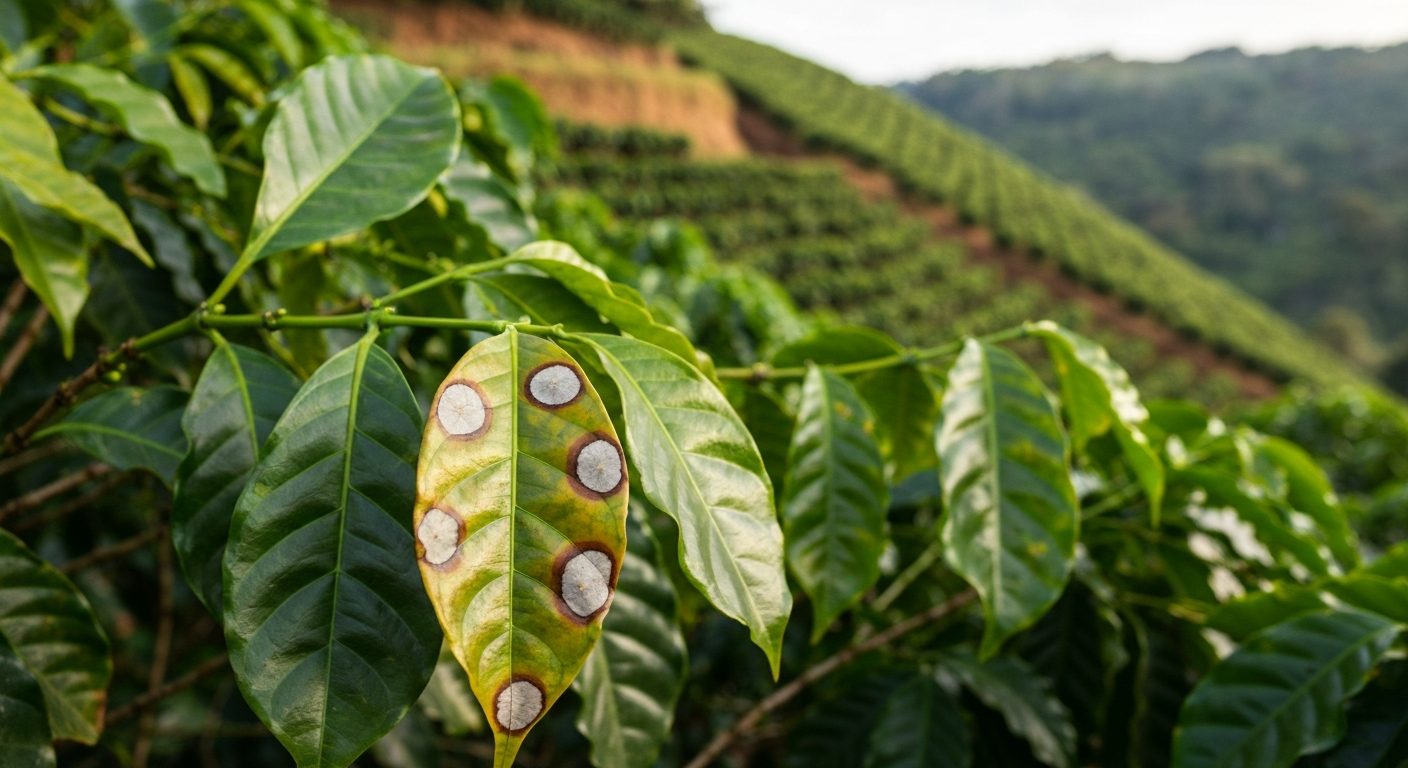 Folhas de café de montanha do Sul de Minas com manchas circulares de olho pardo