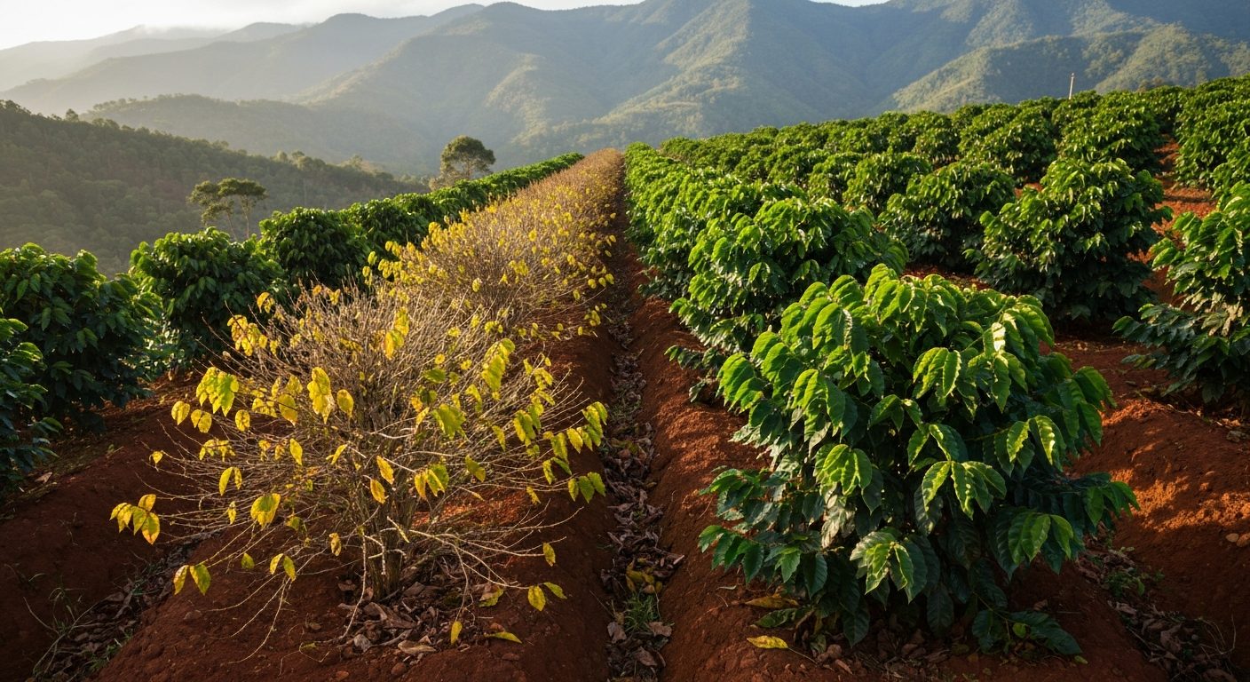 Lavoura de café de montanha no Sul de Minas com pés amarelados de crescimento fraco