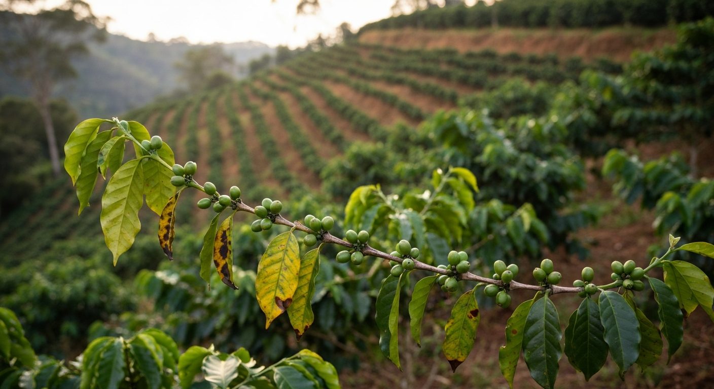 Ramo de café numa lavoura de montanha do Sul de Minas com folhas escurecidas e grãos verdes ainda na planta