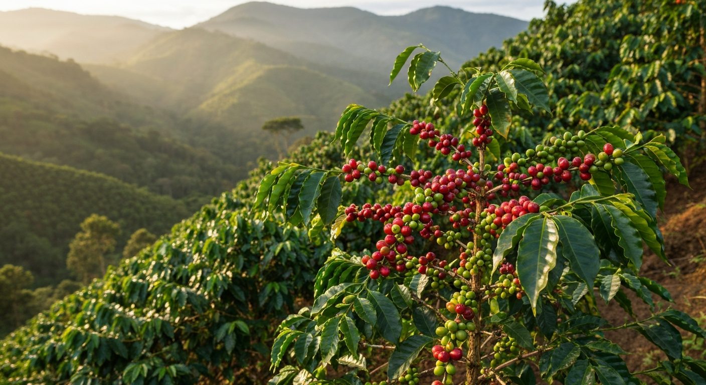 Pé de café carregado de cerejas maduras em lavoura de montanha no Sul de Minas