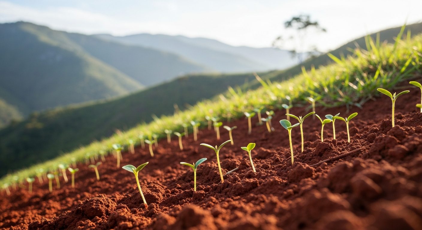 Mudas novas de café plantadas em lavoura de montanha no Sul de Minas