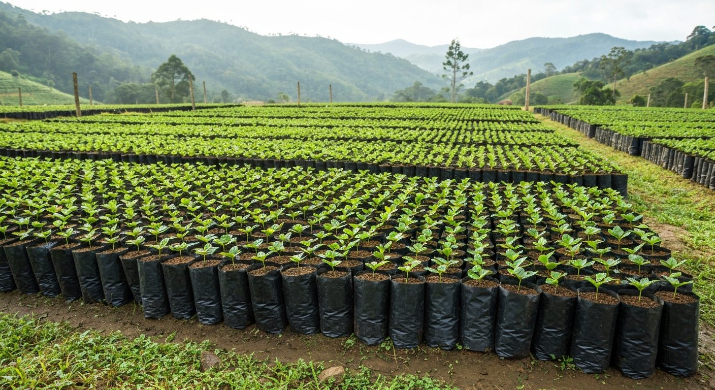 Mudas de café em viveiro de montanha prontas pra plantio no Sul de Minas