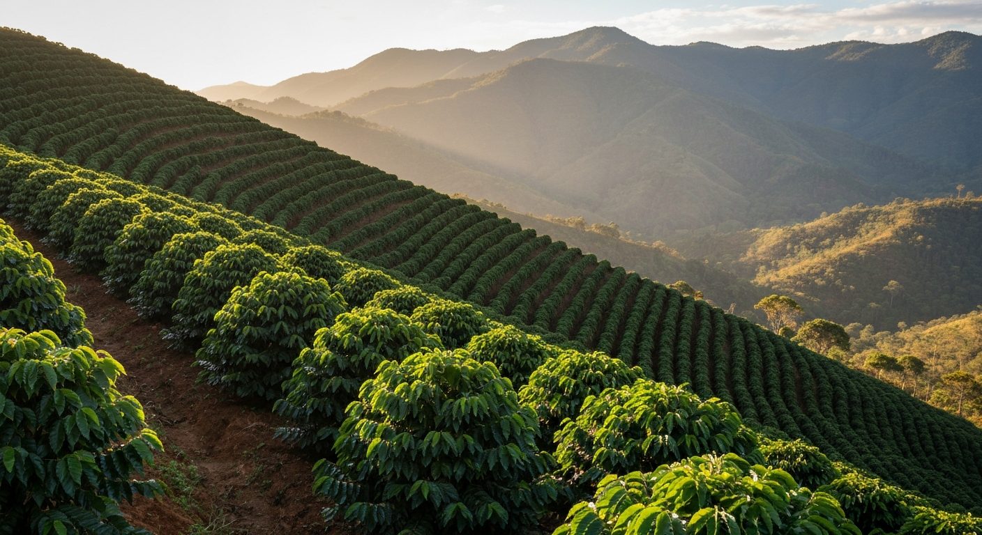 Lavoura de café de montanha no Sul de Minas em dia de céu limpo, com fileiras subindo a encosta