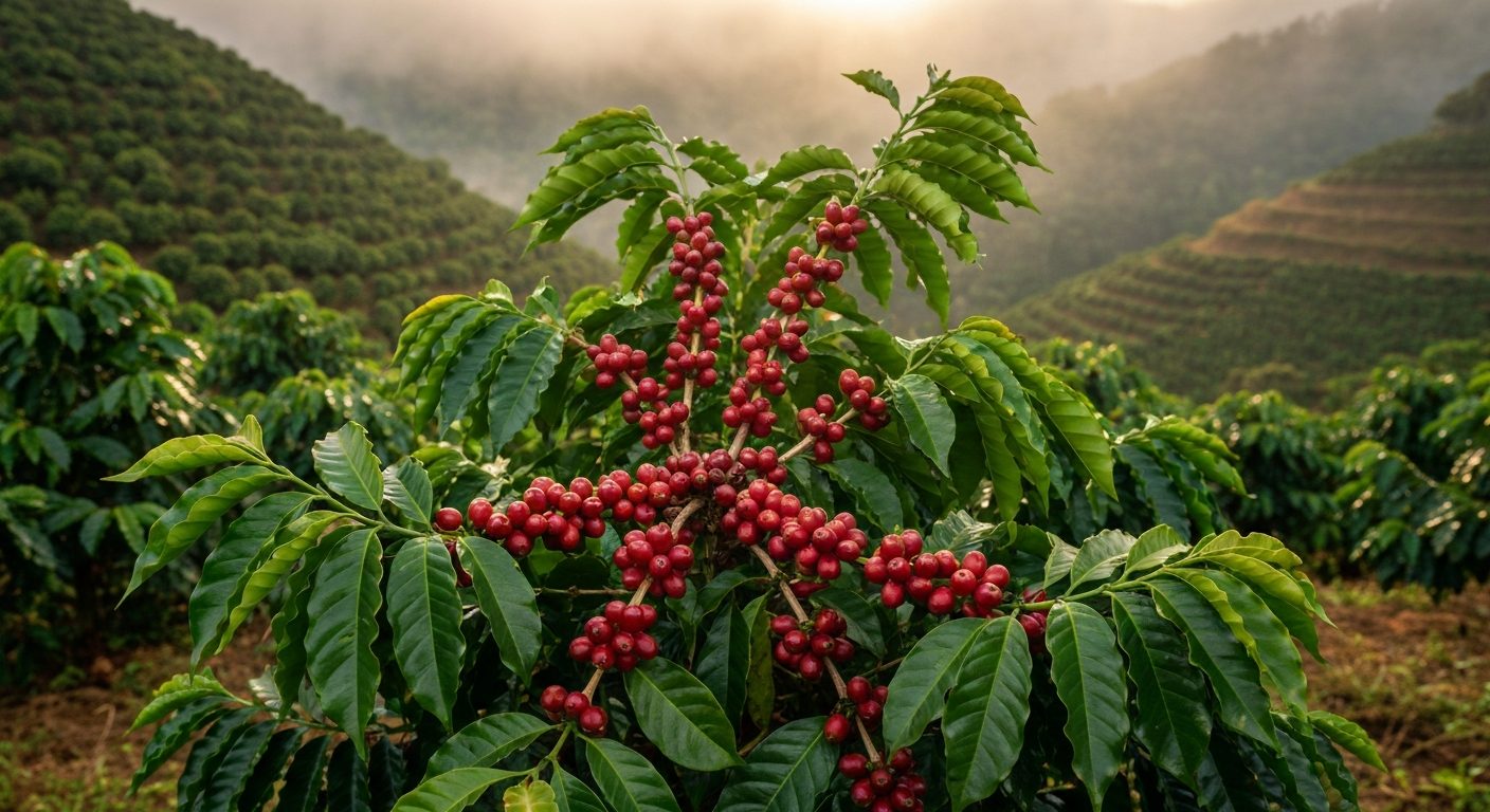 Lavoura de café de montanha no Sul de Minas com frutos cereja maduros nos ramos ao amanhecer