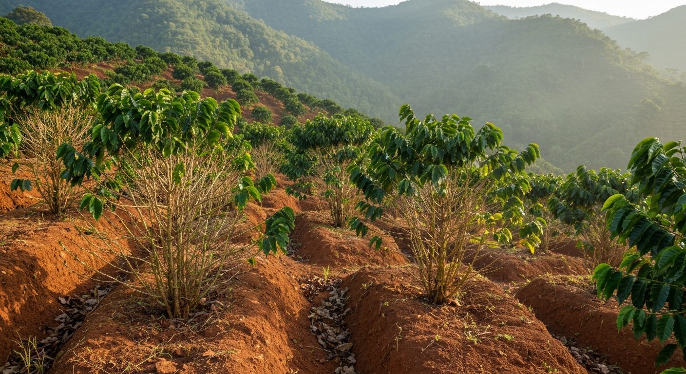 Lavoura de café de montanha no Sul de Minas em recuperação, com pés ainda ralos nas encostas da serra da Mantiqueira