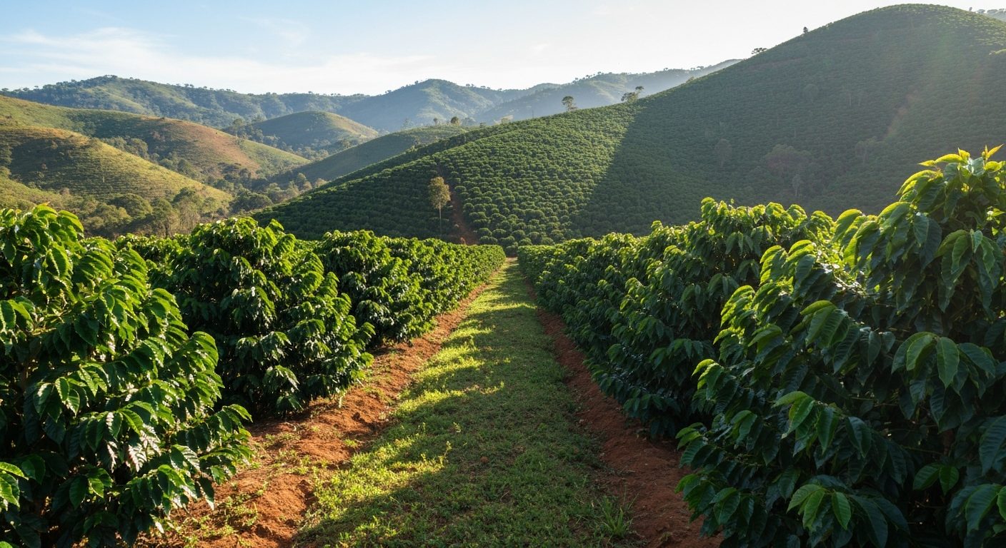 Rua de lavoura de café de montanha no Sul de Minas com manejo de mato entre as linhas