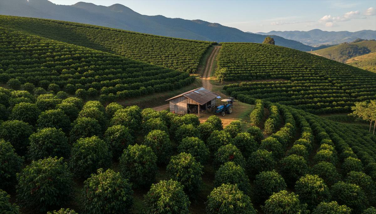 Lavoura de café de montanha no Sul de Minas em dia claro, com as ruas bem tratadas descendo a encosta