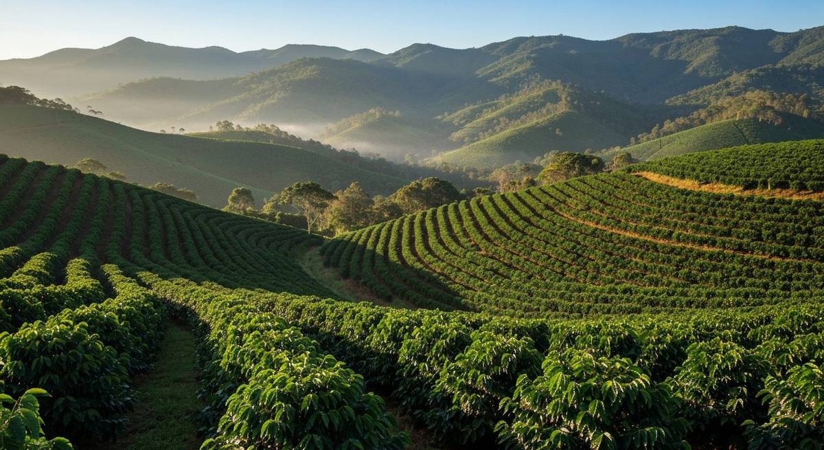 Café espalhado secando em terreiro de fazenda na montanha do Sul de Minas