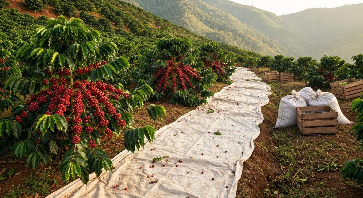 Lavoura de café de montanha no Sul de Minas com panos estendidos entre as ruas durante a colheita