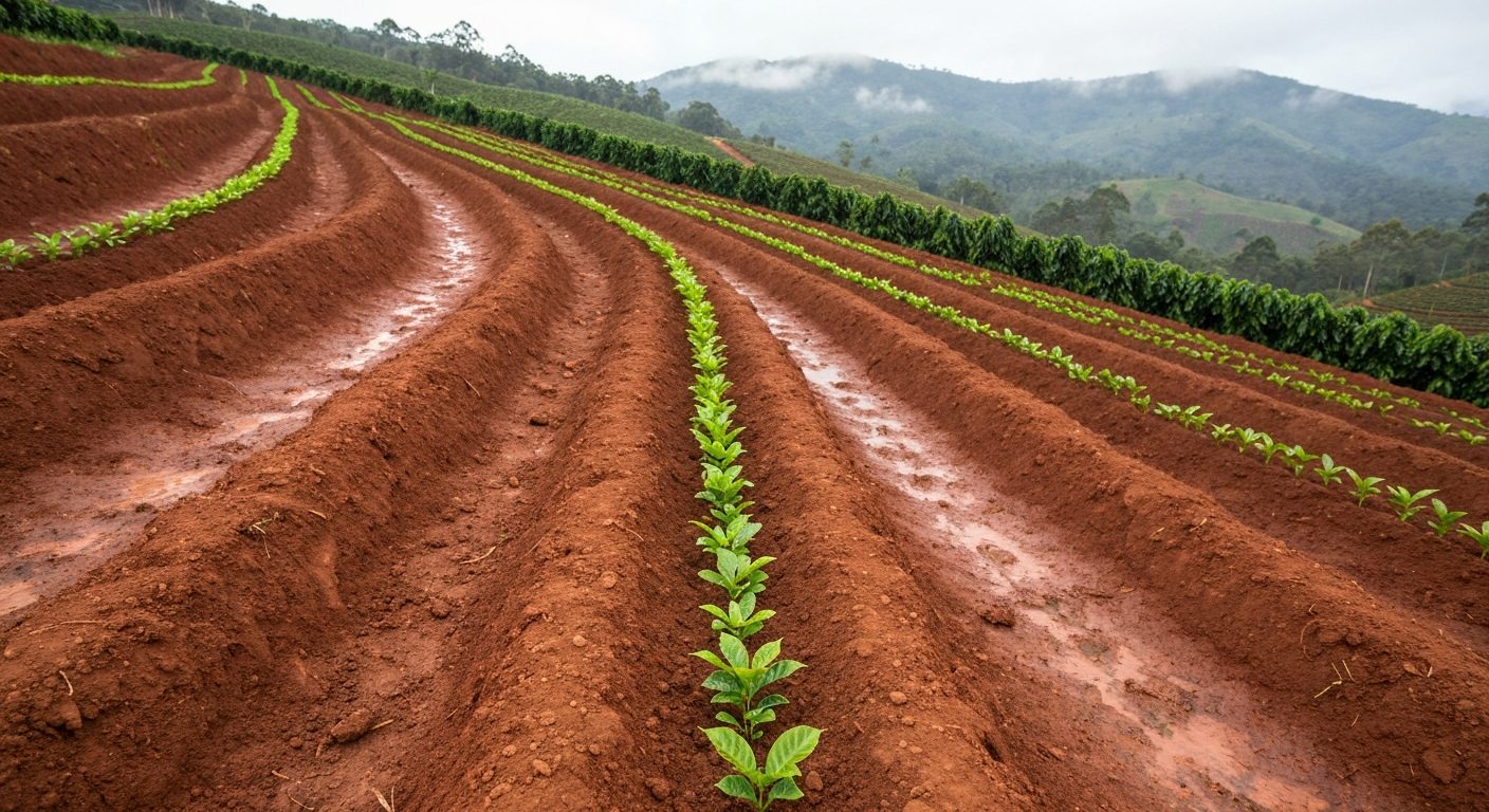 Mudas novas de café plantadas em sulco de terra vermelha em lavoura de montanha no Sul de Minas