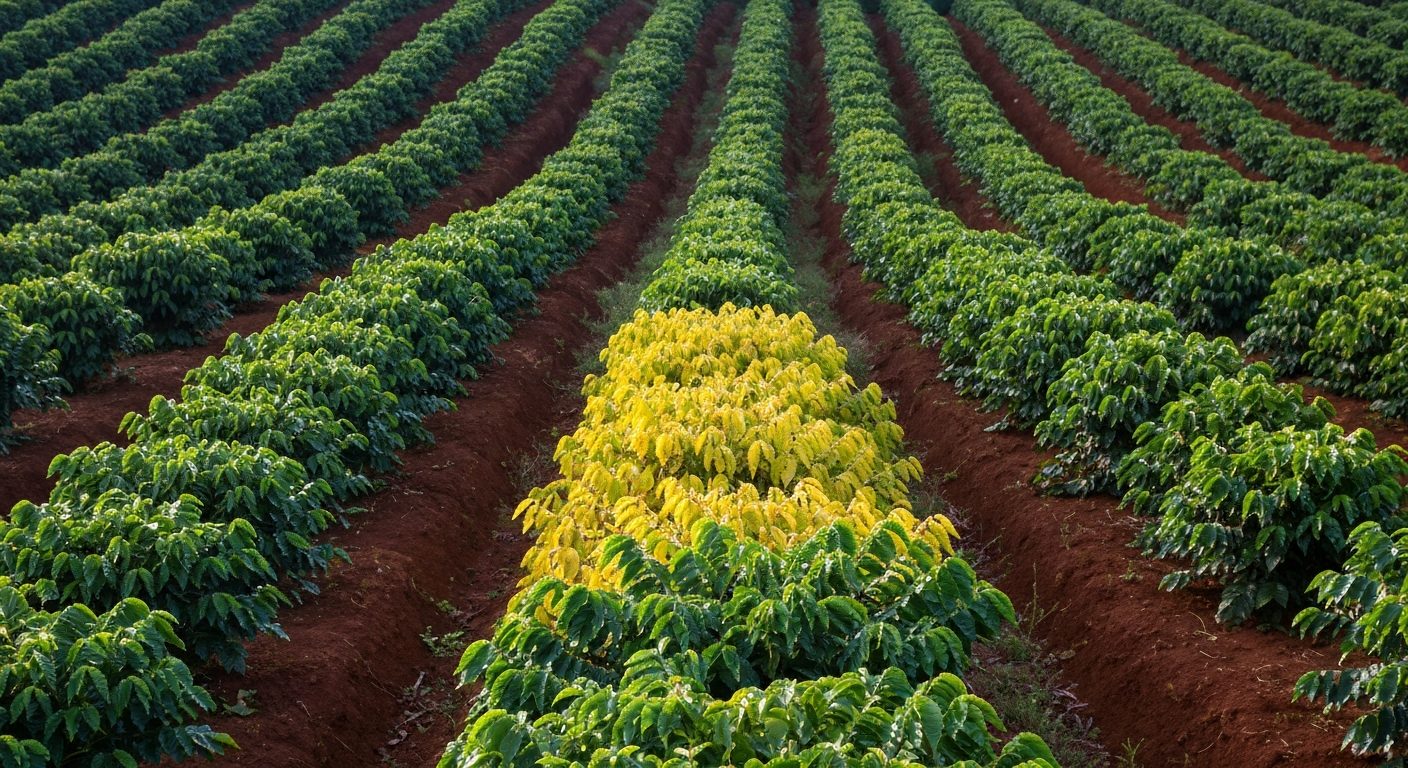 Lavoura de café de montanha do Sul de Minas com uma falha de plantas amareladas no meio do talhão
