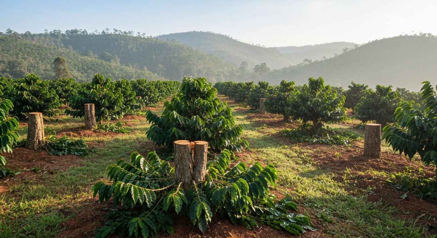 Fileira de cafeeiros podados em lavoura de montanha no Sul de Minas