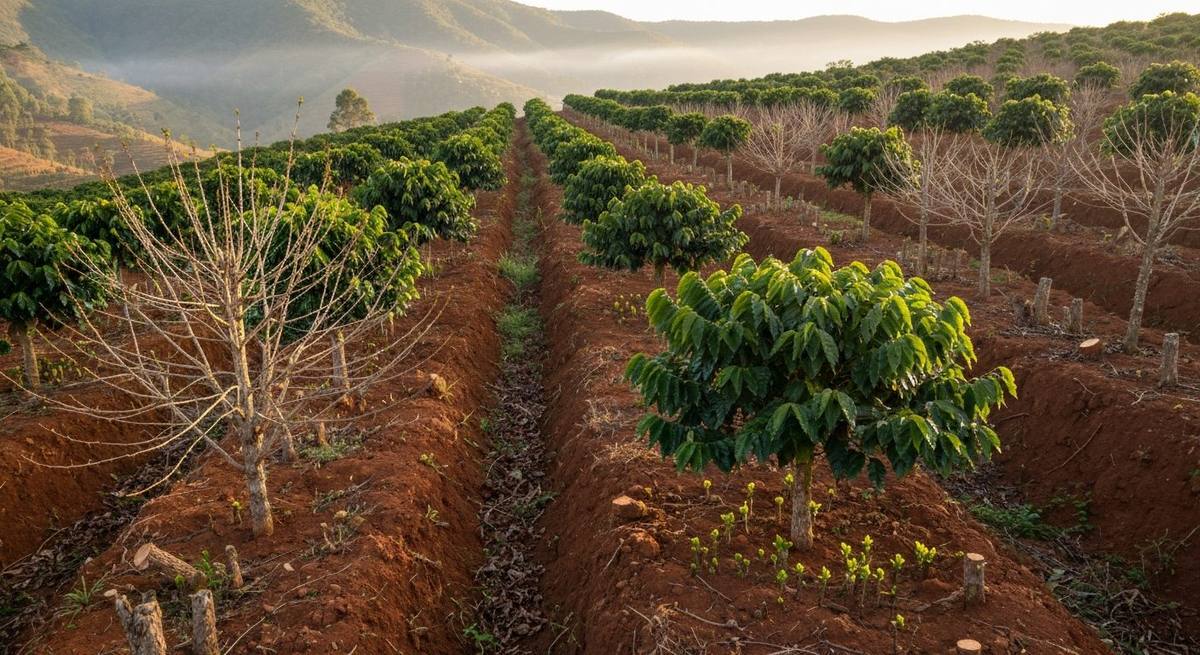 Lavoura de café de montanha no Sul de Minas com pé carregado de cereja madura