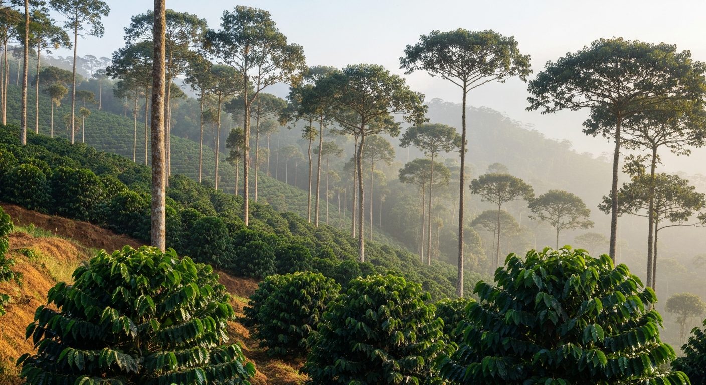 Lavoura de café de montanha no Sul de Minas com árvores altas espalhadas entre as ruas