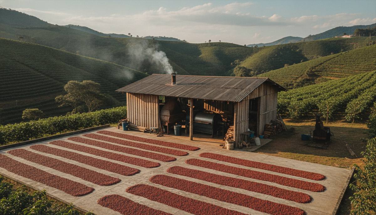 Terreiro de café com barracão e secador ao fundo numa fazenda de montanha do Sul de Minas