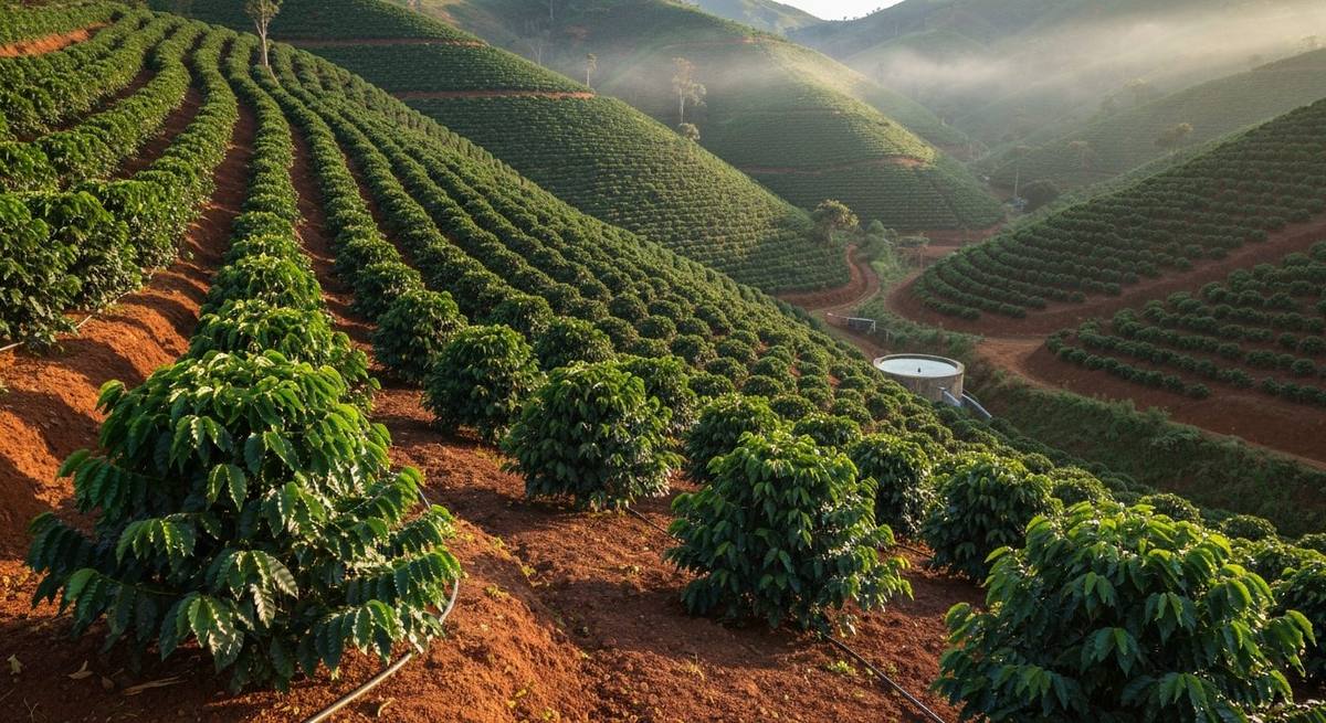 Pé de café com grãos maduros em lavoura de montanha no Sul de Minas